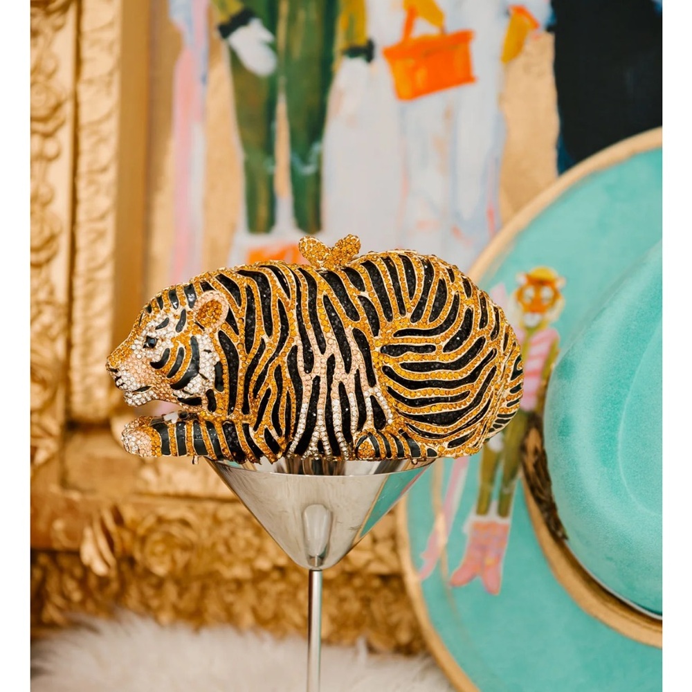 Judith March Gold and Black Tiger Clutch